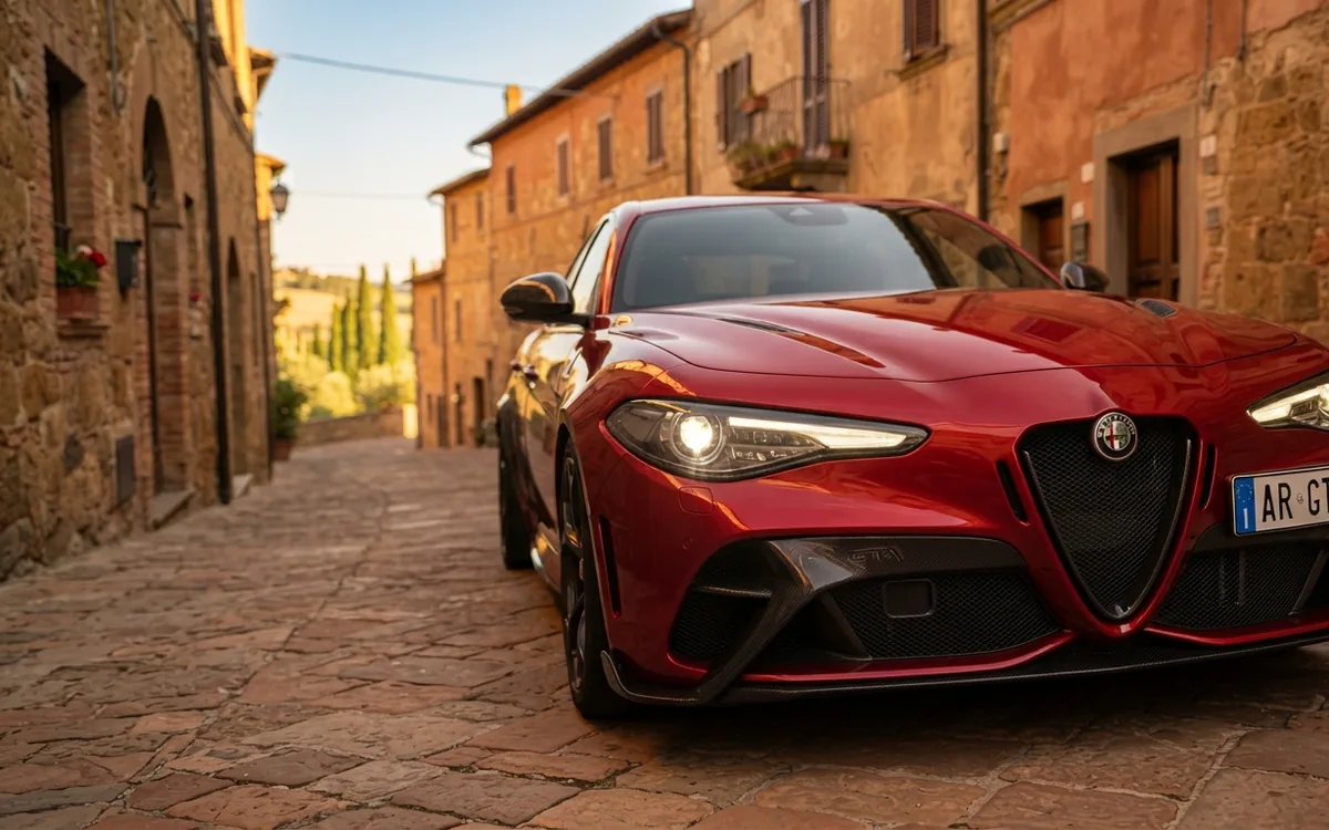 Röd Alfa Romeo Giulia GTA på en kullerstensgata