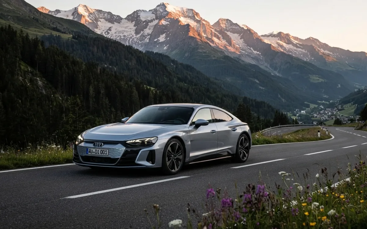 Silverfärgad Audi e-tron GT på en bergsväg i skymning