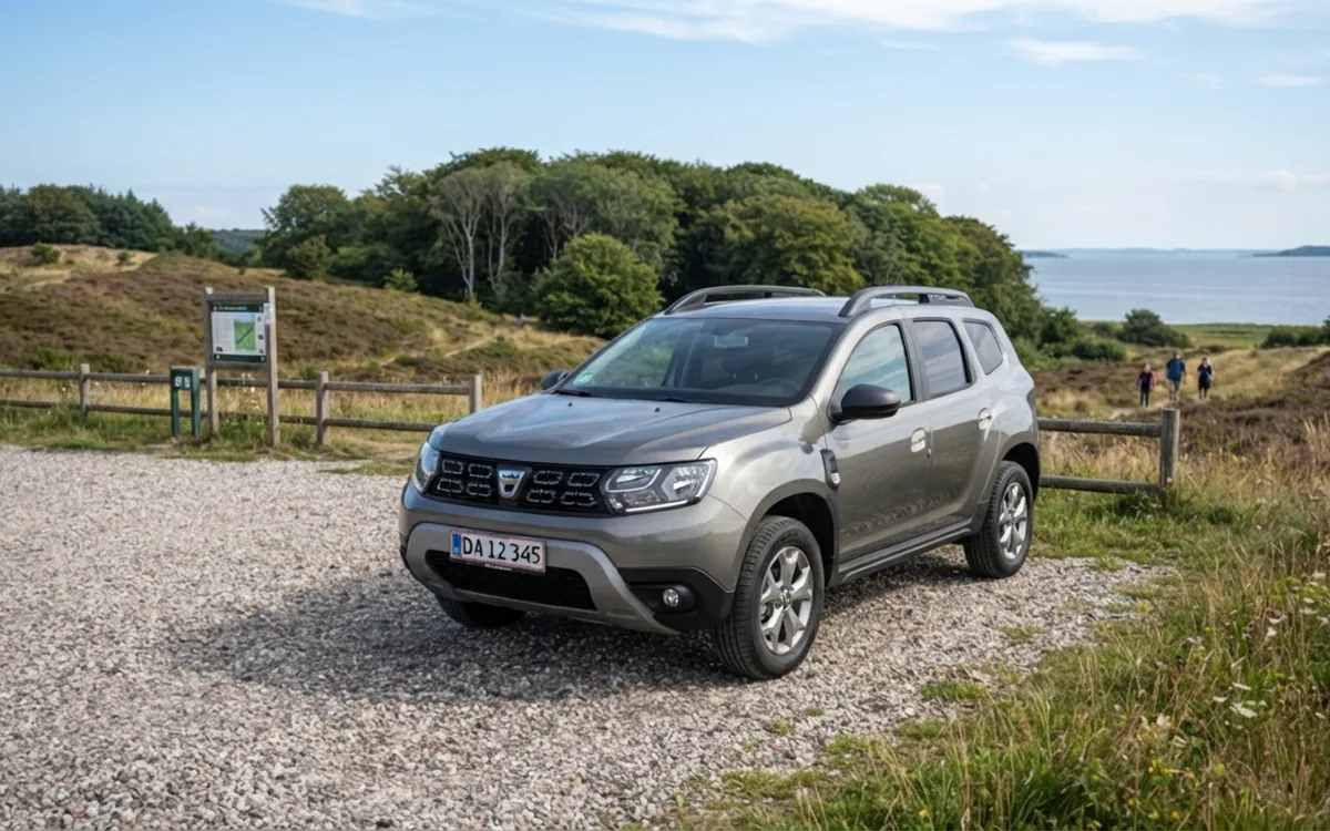 Grå Dacia Duster parkerad på en grusparkering i ett hedlandskap