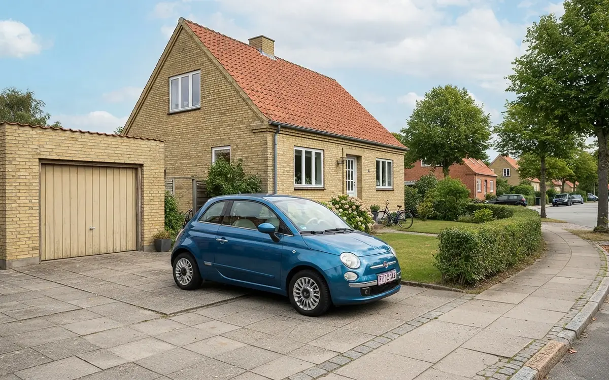Blå Fiat 500 parkerad på en uppfart framför ett garage