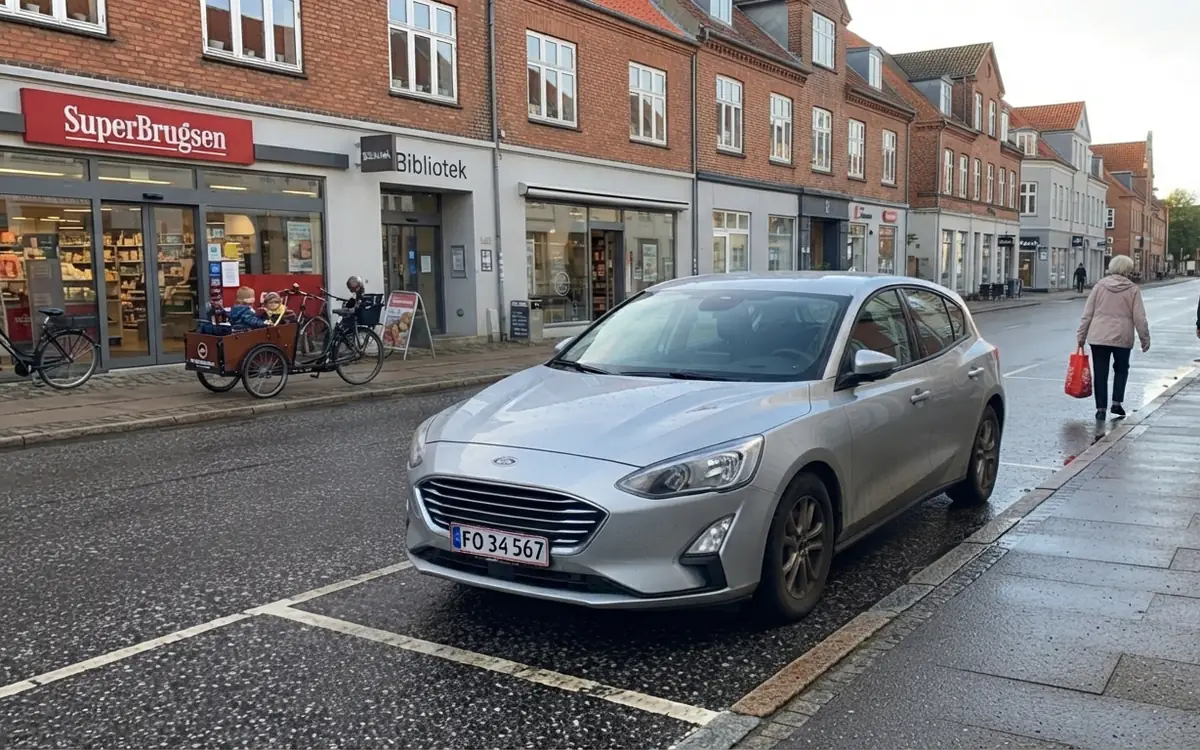 Silverfärgad Ford Focus parkerad på en butiksgata
