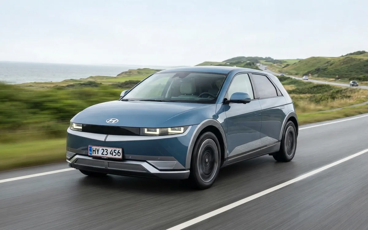 Blå Hyundai IONIQ 5 i rörelse på en kustväg
