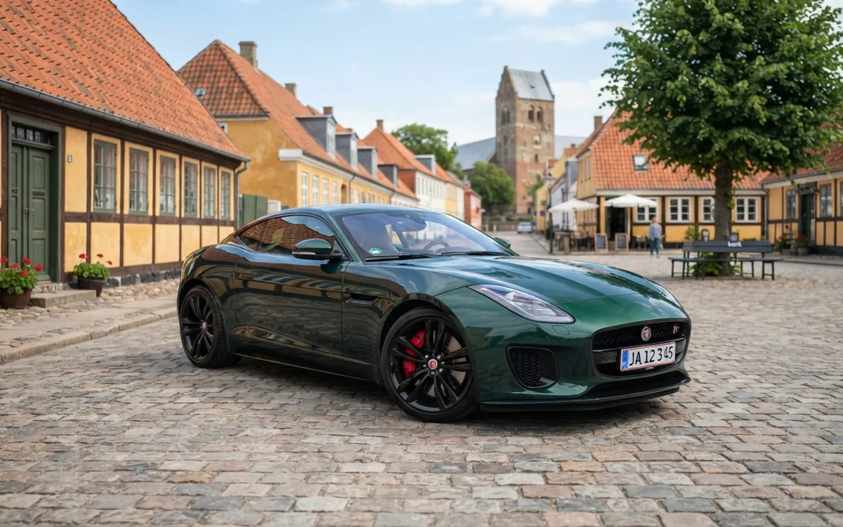 Mörkgrön Jaguar F-Type parkerad på en kullerstensplats i en gammal stadskärna