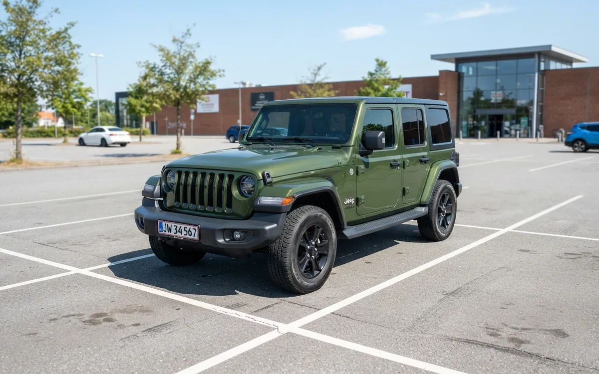 Grön Jeep Wrangler parkerad på en parkeringsplats