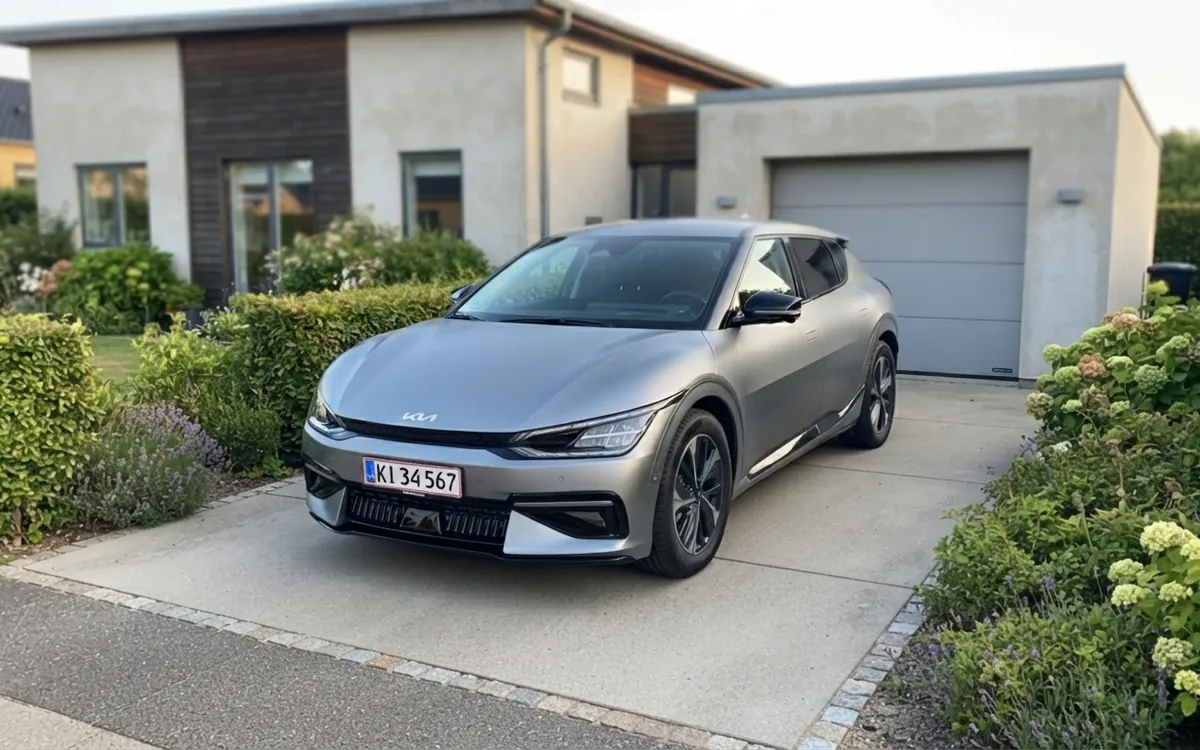 Silverfärgad Kia EV6 parkerad på en uppfart framför ett villagarage