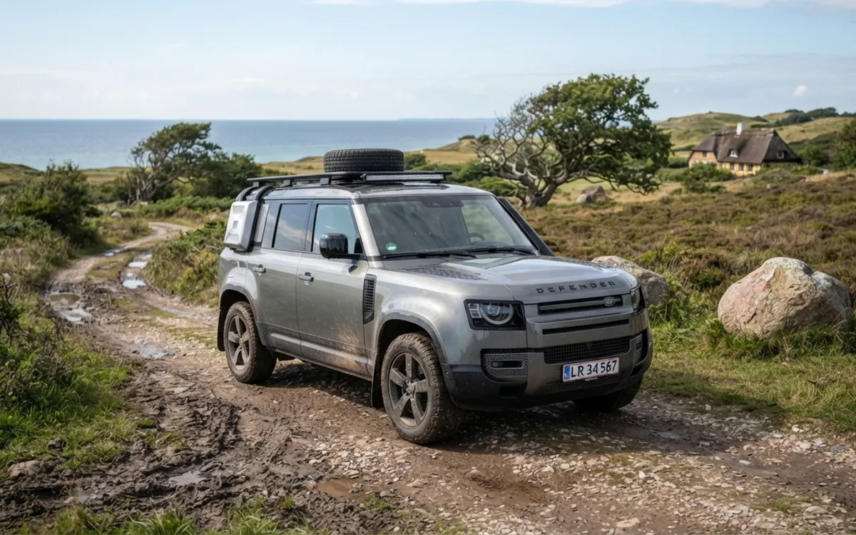 Silverfärgad Land Rover Defender på en lerig grusväg i ett kustlandskap