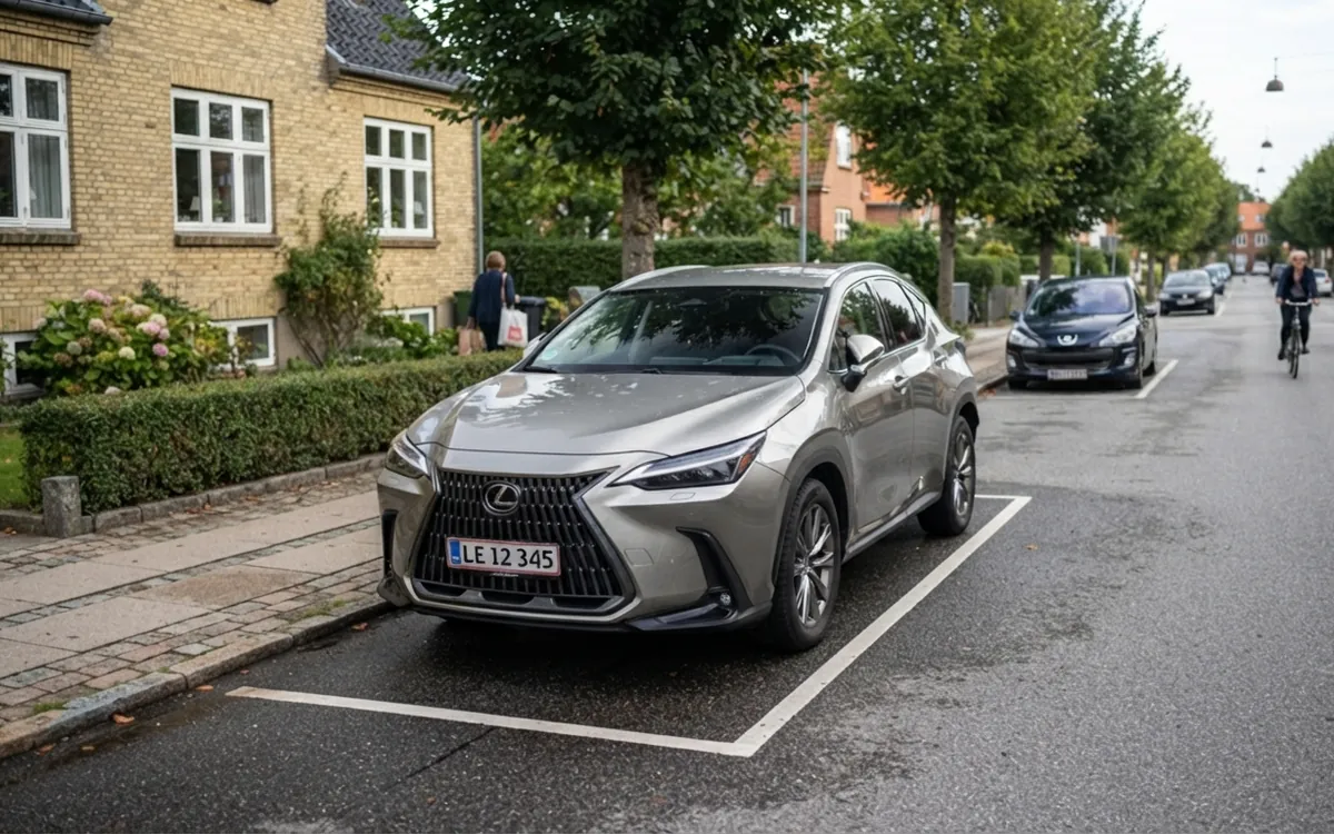 Silverfärgad Lexus NX parkerad längs en villagata