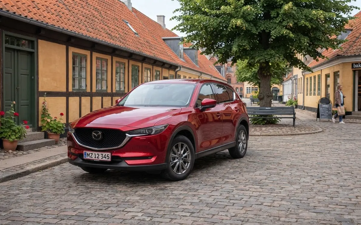 Röd Mazda CX-5 parkerad på en kullerstensgata i en gammal stadskärna