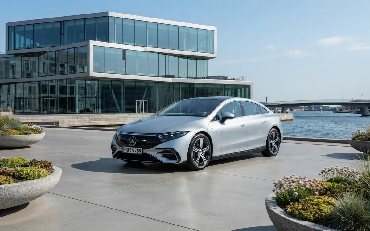 Silverfärgad Mercedes-Benz EQS parkerad på en kaj framför en glasbyggnad
