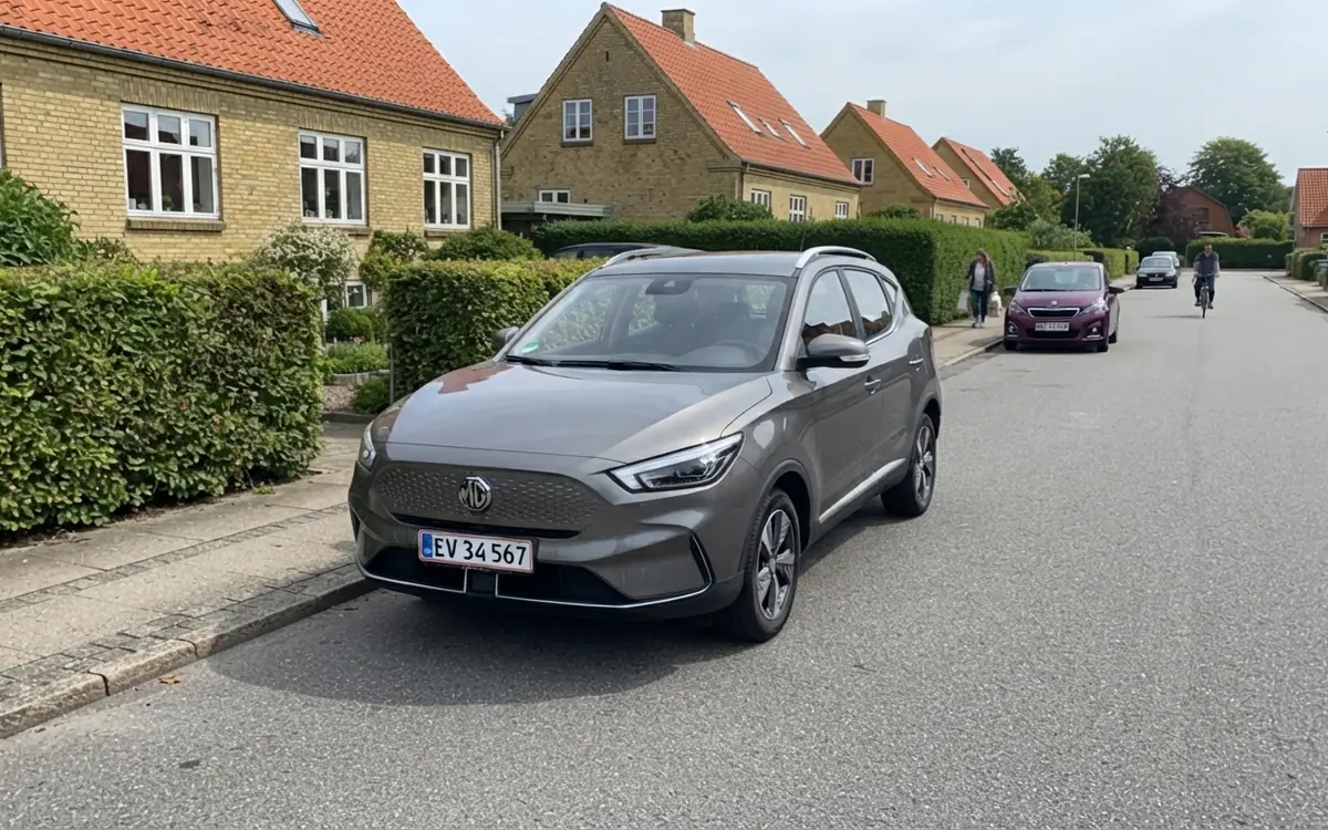 Grå MG ZS parkerad längs en gata i ett villaområde