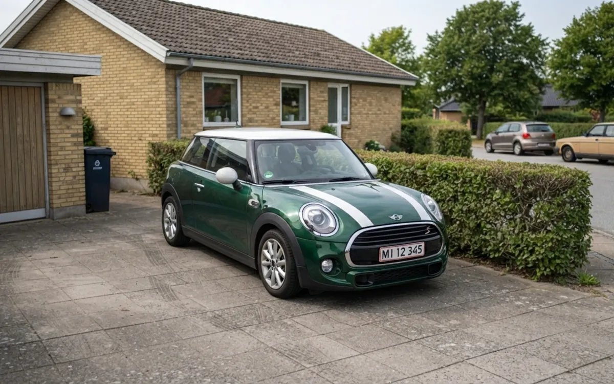 Mörkgrön MINI Cooper med vitt tak parkerad på en villauppfart