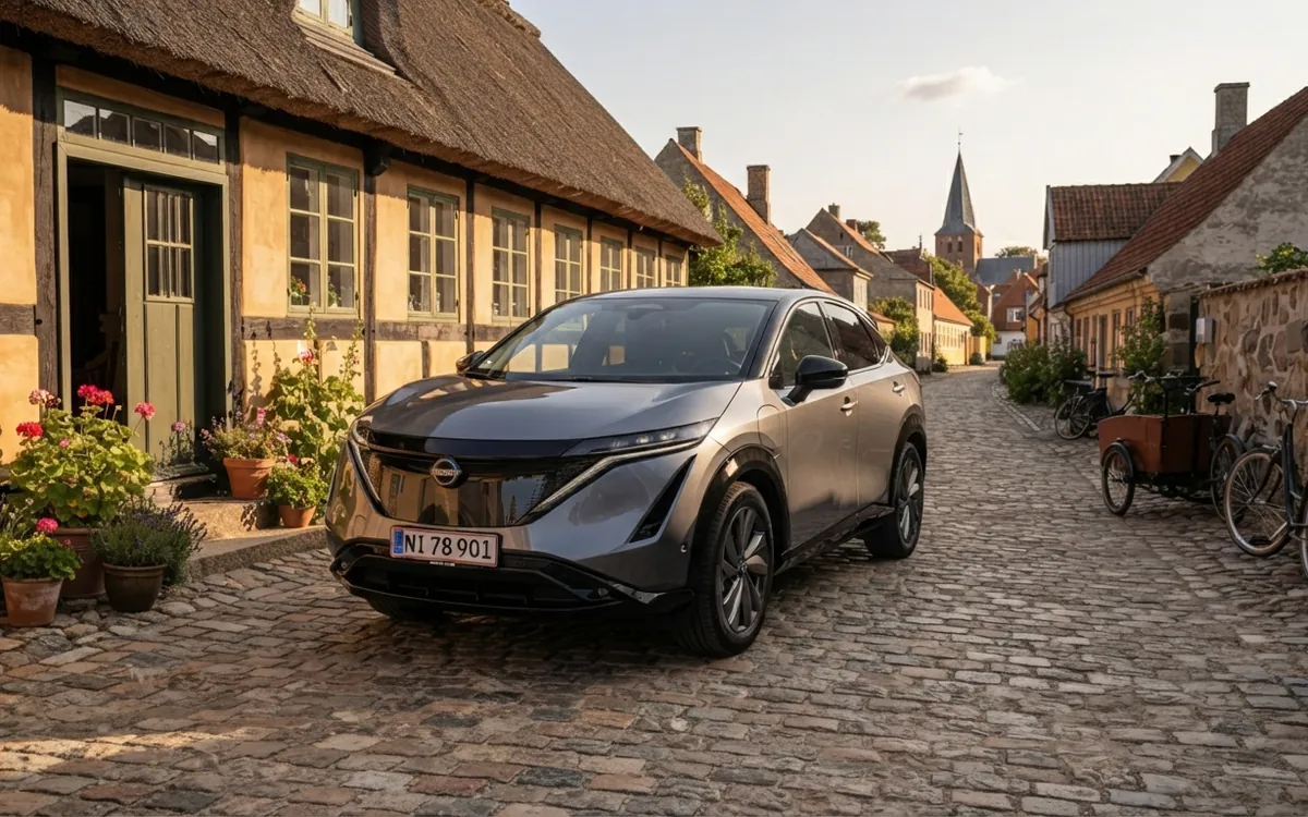 Grå Nissan Ariya parkerad på en kullerstensgata i en gammal bykärna