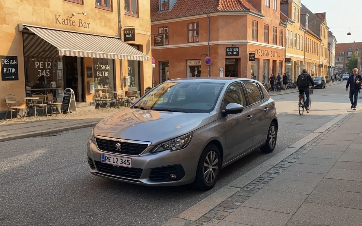 Grå Peugeot 308 parkerad på en gata i en stadskärna