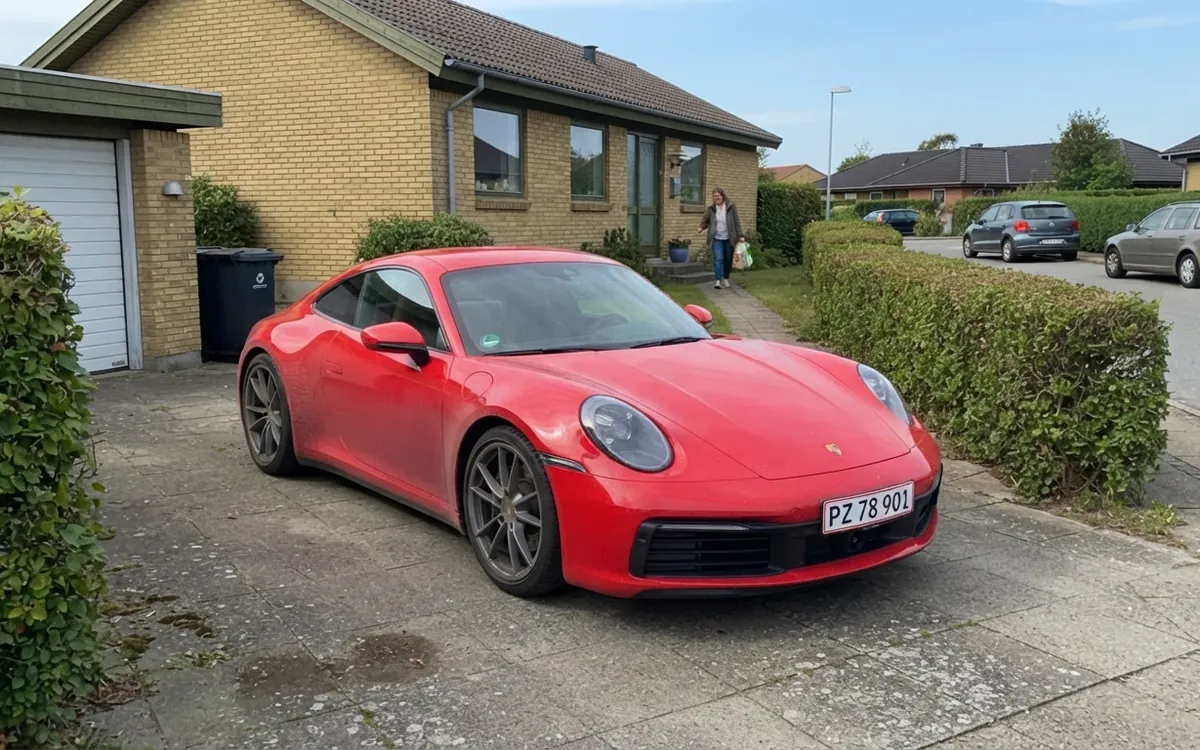 Röd Porsche 911 parkerad på en uppfart i ett villaområde