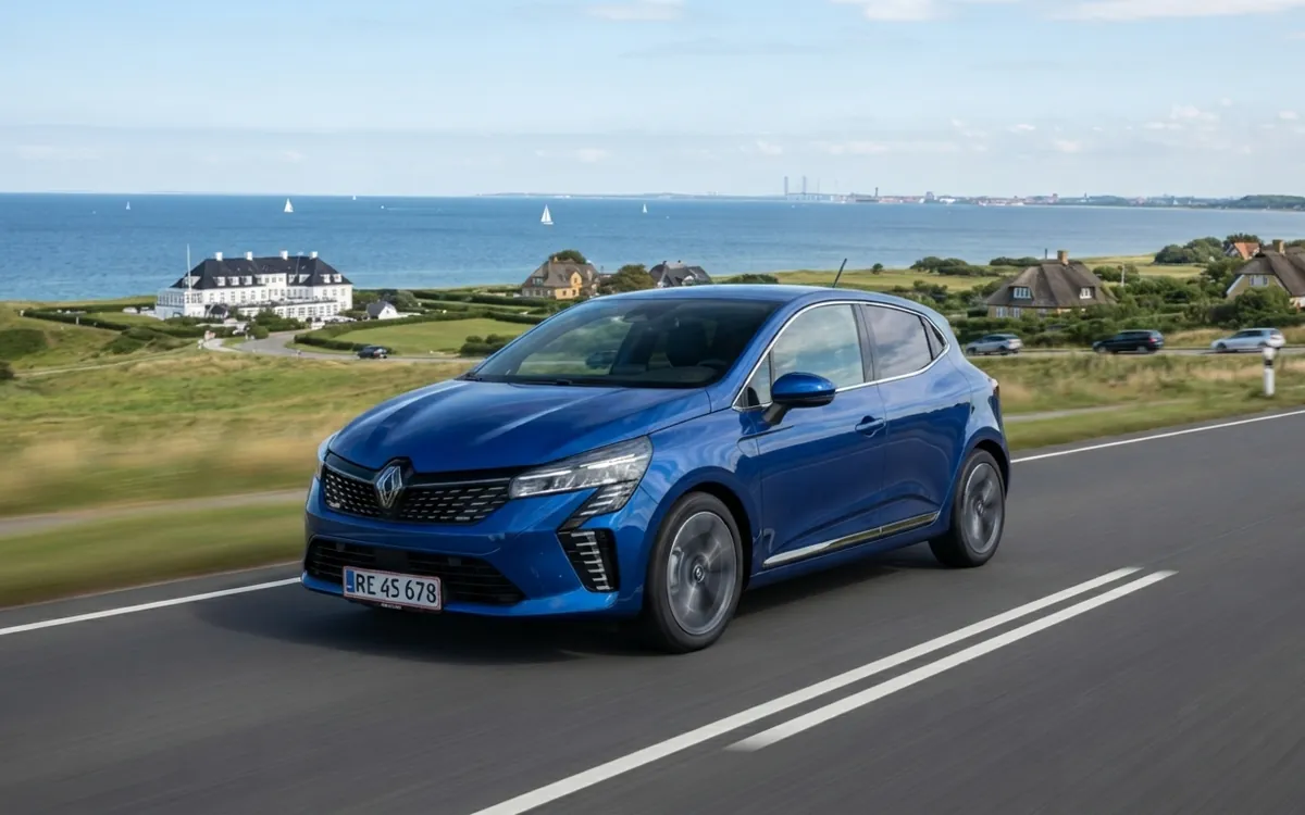 Blå Renault Clio i rörelse på en kustväg