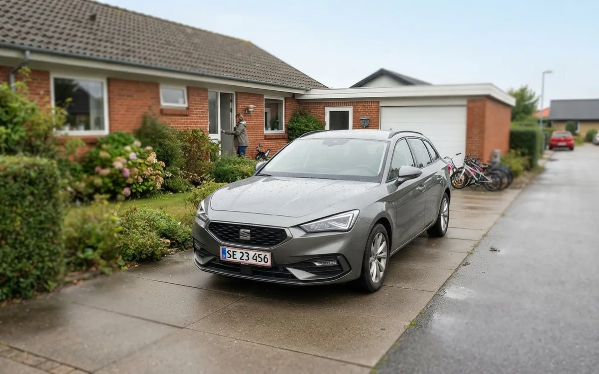 Grå Seat Leon Sportstourer parkerad på en uppfart i ett villaområde