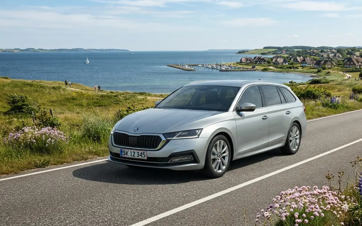 Silverfärgad Skoda Octavia Combi på en kustväg vid en småbåtshamn