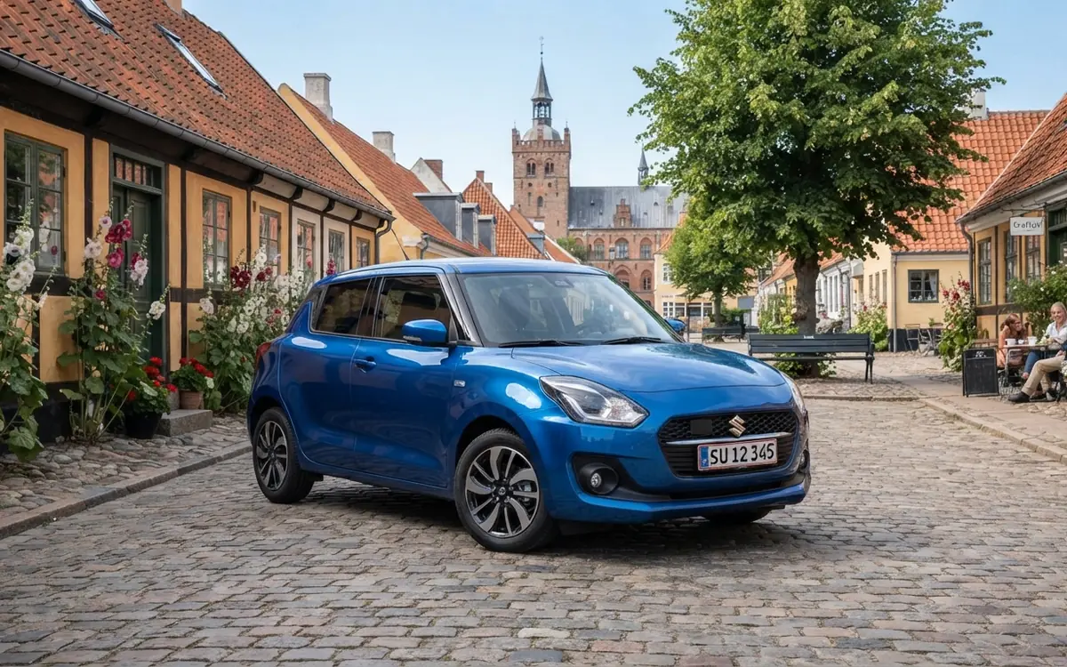 Blå Suzuki Swift parkerad på en kullerstensgata i en gammal stadskärna