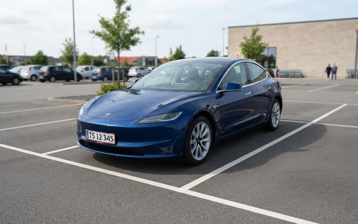 Mörkblå Tesla Model 3 på en parkeringsplats