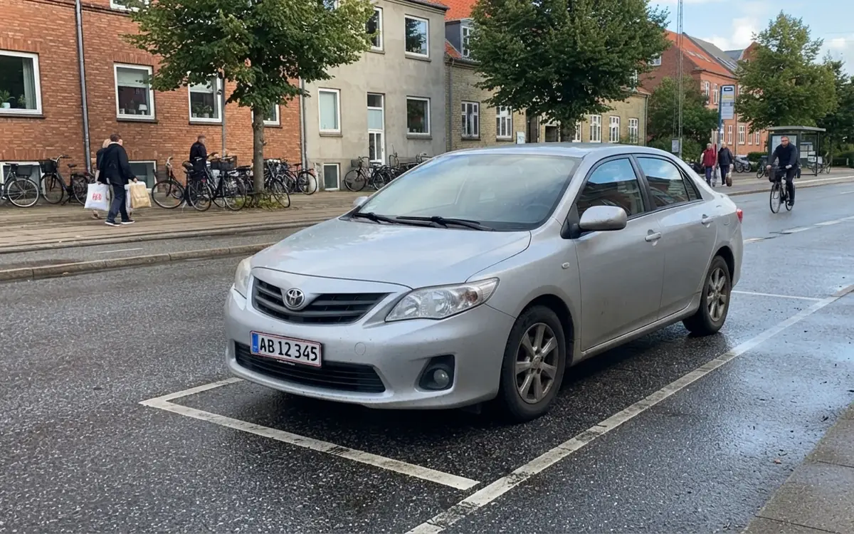 Silverfärgad Toyota Corolla parkerad längs en våt gata