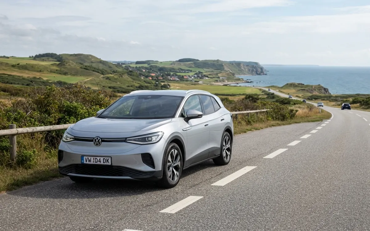 Silverfärgad Volkswagen ID.4 på en kustväg