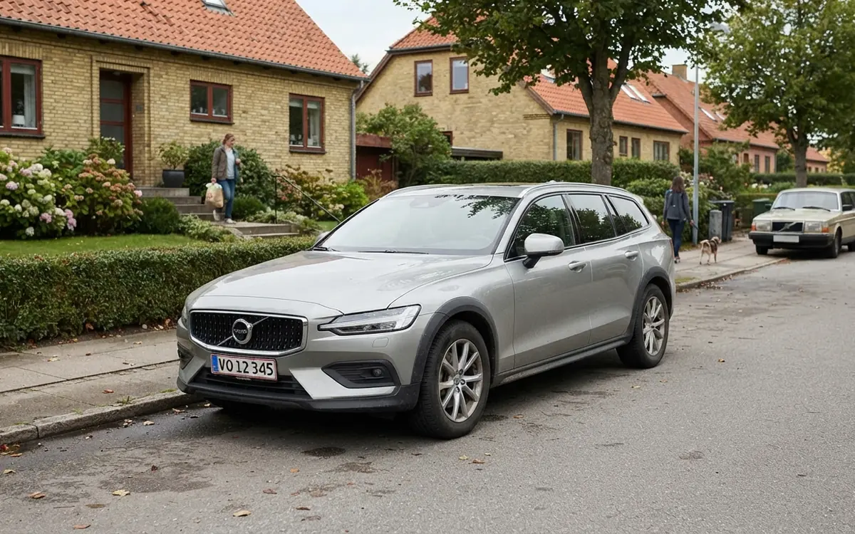 Silverfärgad Volvo V60 Cross Country parkerad längs en villagata