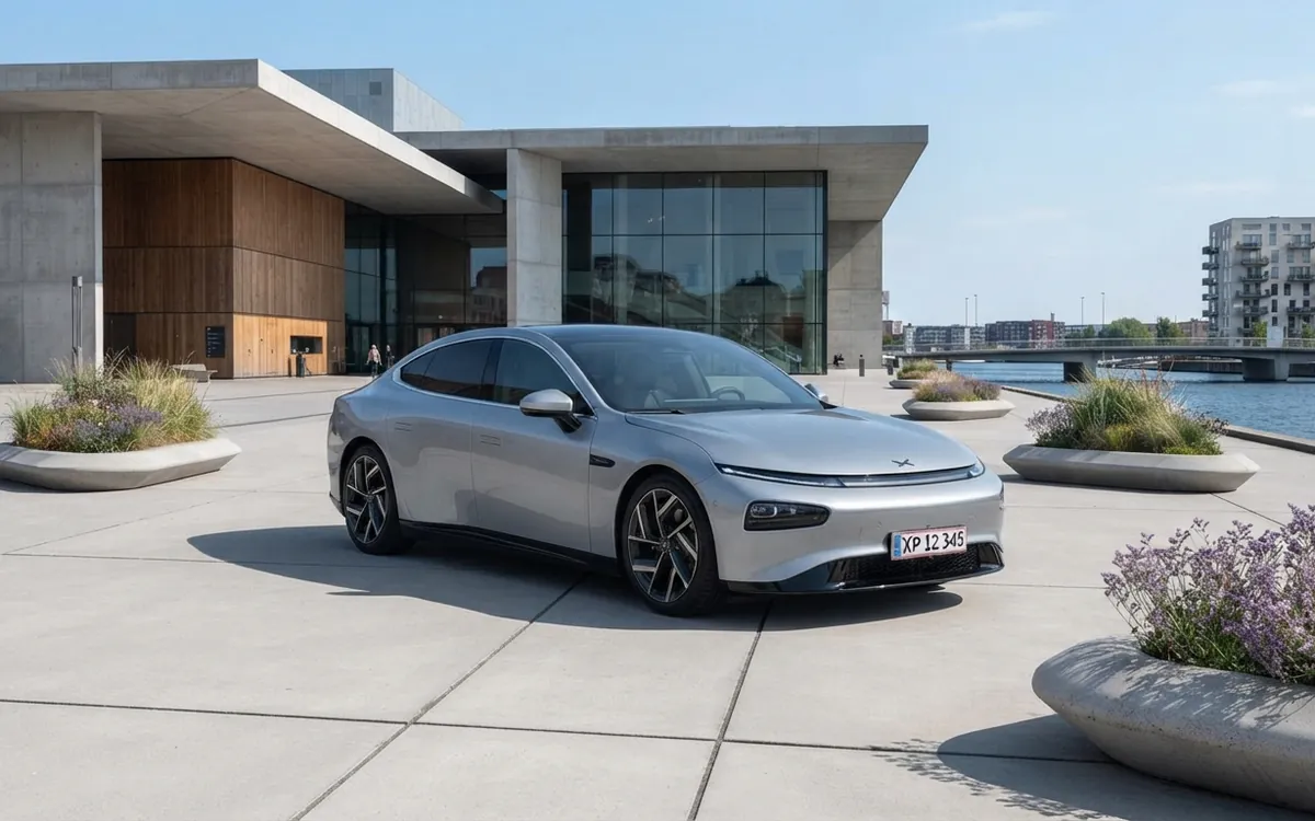 Silverfärgad XPeng-sedan parkerad framför en modern byggnad vid en hamnkaj